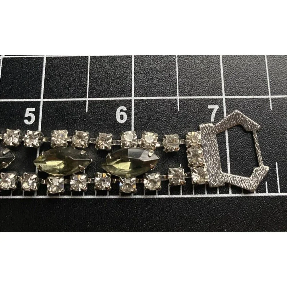 Rhinestone Bracelet Fancy All Prong Set Glass Stone Smokey Green Vintage Retro - Picture 7 of 9